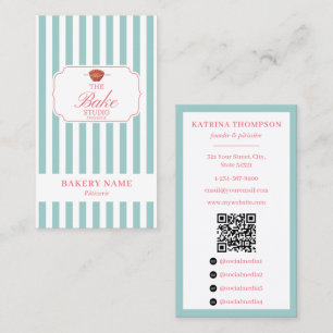 Preppy Gröna & Rosa Ränder Bageri Logo QR-kod Visitkort