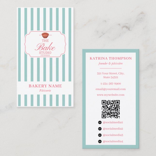 Preppy Gröna & Rosa Ränder Bageri Logo QR-kod Visitkort (Fram/baksida)