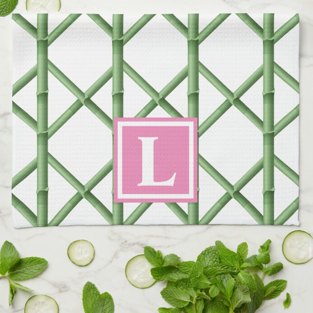 Preppy Grönt Trellis Bamboo Mönster Monogram Kökshandduk (Vikta)