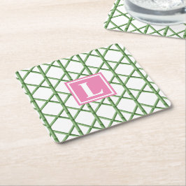 Preppy Grönt Trellis Bamboo Mönster Monogram Underlägg Papper Kvadrat