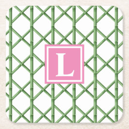 Preppy Grönt Trellis Bamboo Mönster Monogram Underlägg Papper Kvadrat