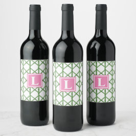 Preppy Grönt Trellis Bamboo Mönster Monogram Vinflaska Etikett