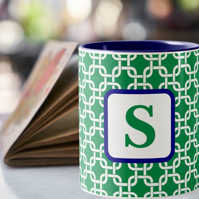 Preppy Grönt White Link Mönster marin Monogram Två-Tonad Mugg (Skapare uppladdad)