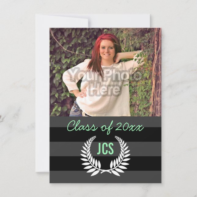 Preppy-Grönten för Photo Studenten Monogram Black  Inbjudningar (Framsida)