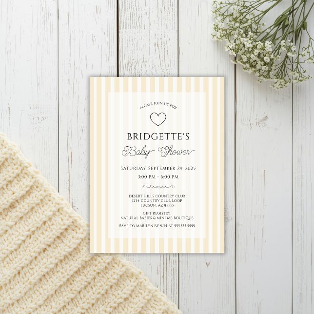 Preppy-gul-randig-baby shower-fickinbjudan vykort (Elegant butter yellow baby shower pocket invitation postcard size for preppy event with simple heart)