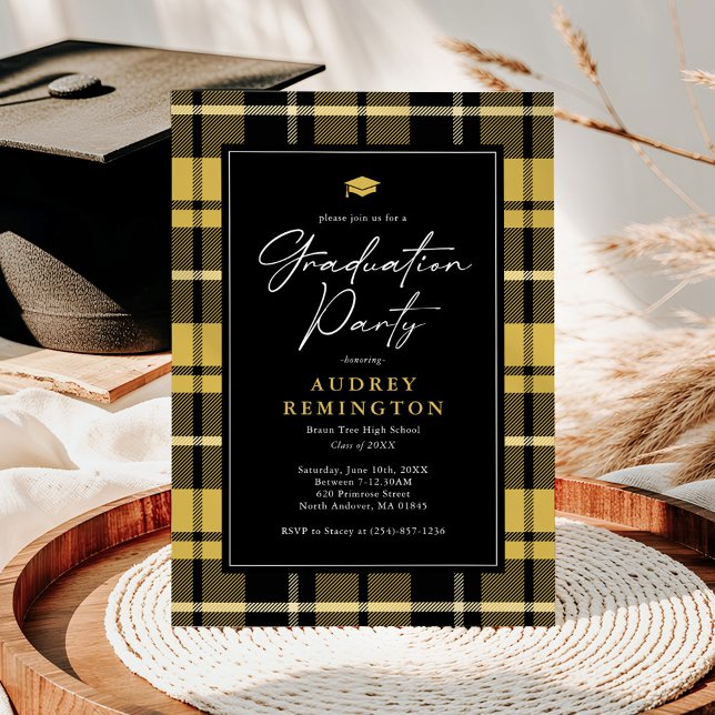 Preppy gul svart Tartan examen Inbjudningar (Skapare uppladdad)