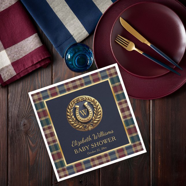 Preppy Guld Horseshoe Monogram Blue Baby Shower Pappersservett (Equestrian Emblem Monogram Preppy Navy Blue and Plaid Boy Baby Shower Paper Napkins)