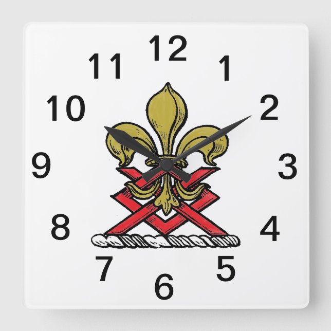 Preppy Guld Röd Heraldisk Vapen Fleur de Lis Emble Fyrkantig Klocka (Framsida)