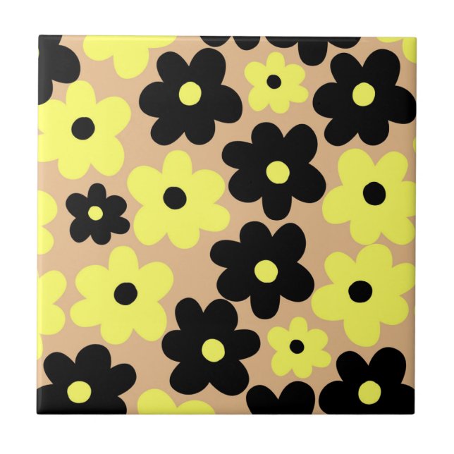Preppy Gult Black Hippie Flower Mönster Kakelplatta (Framsidan)