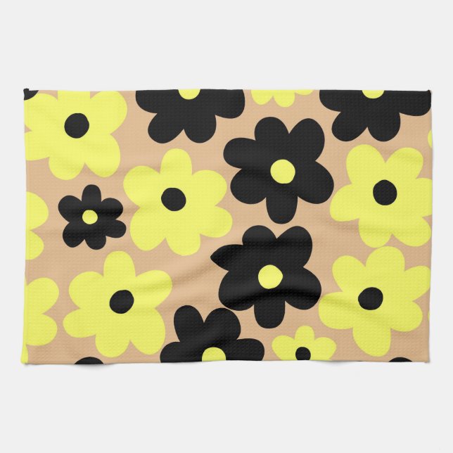 Preppy Gult Black Hippie Flower Mönster Kökshandduk (Horisontell)