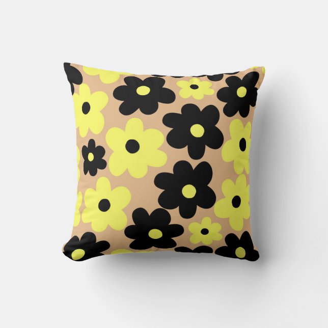 Preppy Gult Black Hippie Flower Mönster Kudde (Framsida)