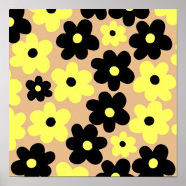 Preppy Gult Black Hippie Flower Mönster Poster