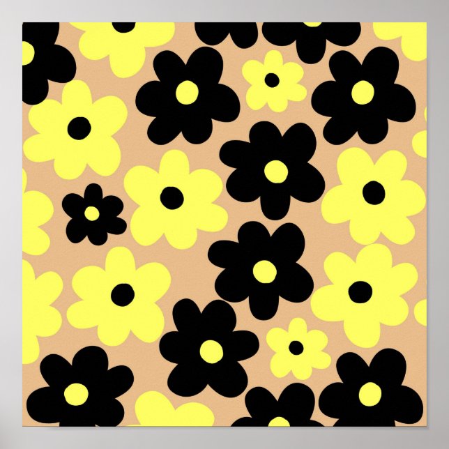 Preppy Gult Black Hippie Flower Mönster Poster (Framsidan)