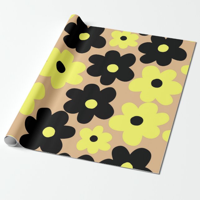 Preppy Gult Black Hippie Flower Mönster Presentpapper (Utrullad)