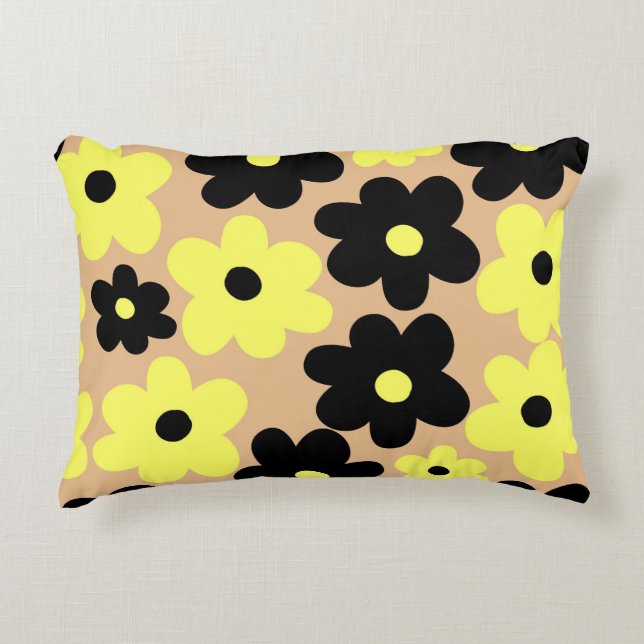 Preppy Gult Black Hippie Flower Mönster Prydnadskudde (Framsidan)