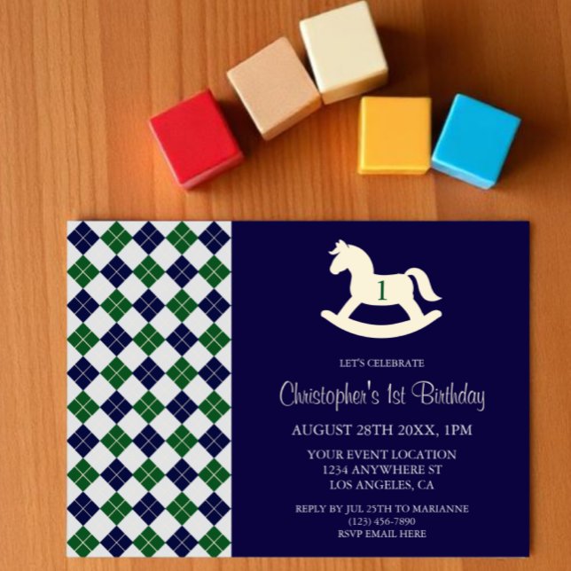 Preppy Gunghäst Argyle 1-årsdag Inbjudningar (Skapare uppladdad)
