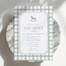 Preppy Gunghäst Blå och Sage Rutig Babyfirande Inbjudningar
