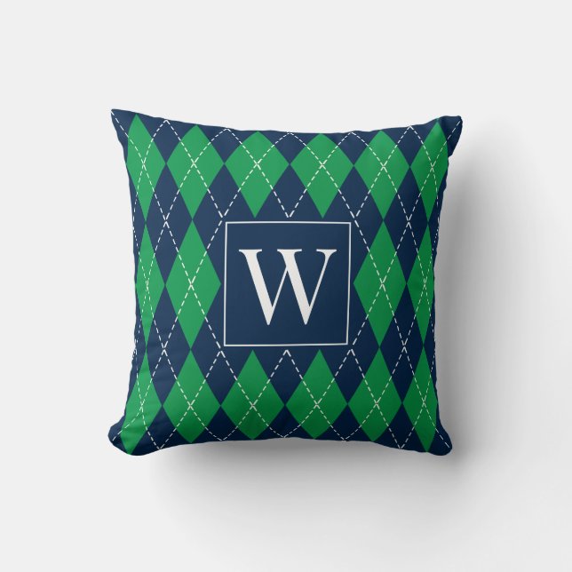 Preppy Hand-Stickad Argyle – Grön & Marinblå Kudde (Framsida)