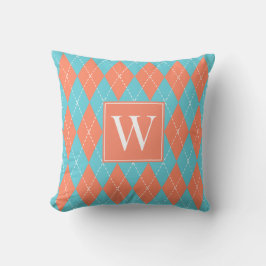 Preppy Hand-Stickad Argyle – Korall & Turkos Kudde