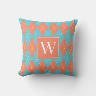 Preppy Hand-Stickad Argyle – Korall & Turkos Kudde