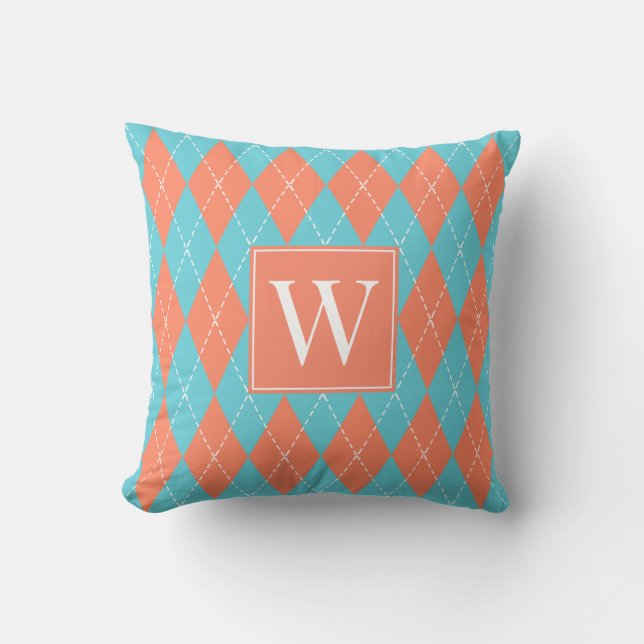 Preppy Hand-Stickad Argyle – Korall & Turkos Kudde (Framsida)
