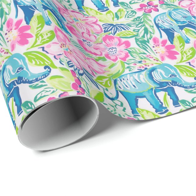 Preppy Handflatan Beach Print Blue and Rosa Elepha Presentpapper (Rullad Hörn)