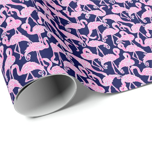 Preppy Handflatan Beach Print Rosa & Navy Flamingo Presentpapper (Rullad Hörn)
