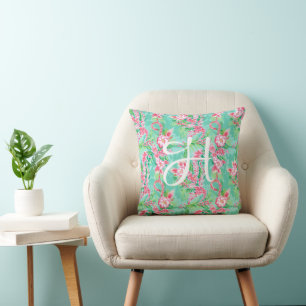 Preppy Handflatan Beach Tropical Flowers Monogram Kudde