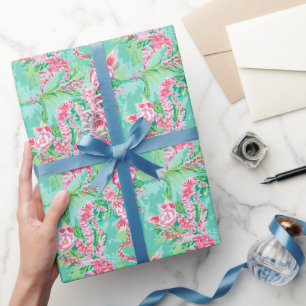 Preppy Handflatan Beach Tropical Flowers Mönster Presentpapper