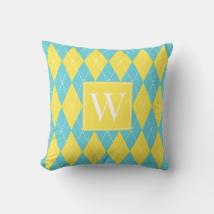 Preppy Handstickad Argyle – Gul & Turkos Kudde