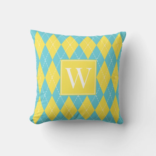 Preppy Handstickad Argyle – Gul & Turkos Kudde (Framsida)