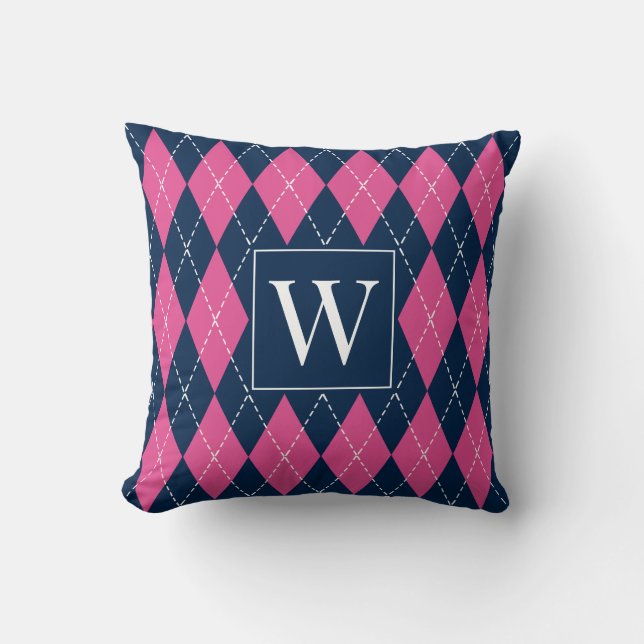 Preppy Handstickad Argyle – Varma Rosa & Marinblå Kudde (Framsida)