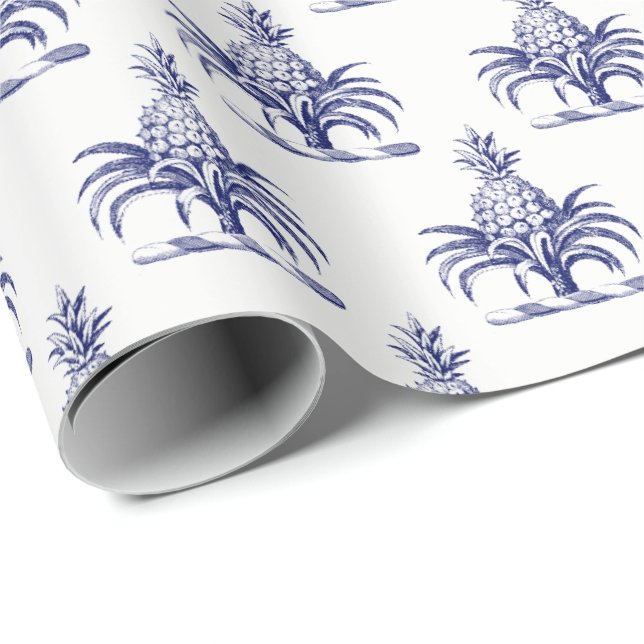 Preppy Heraldisk Blå Ananas Vapen Crest Presentpapper (Rullad Hörn)