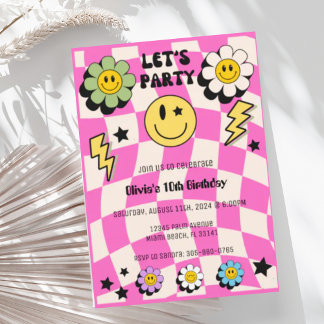 Preppy het rosa retro lycklig ansikte fest födelse inbjudningar