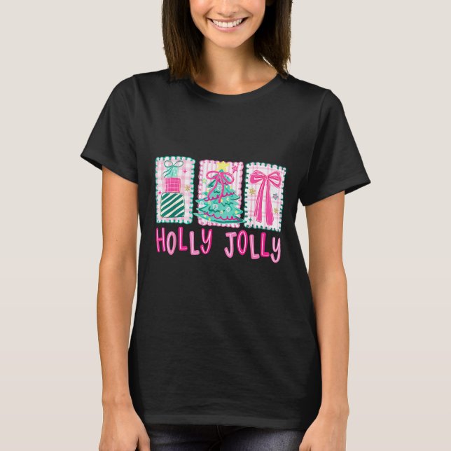 Preppy Holly Xmas Jolly Coquette Bow Christmas Tre T Shirt (Framsida)