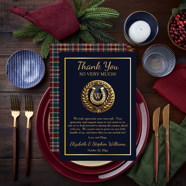 Preppy Horseshoe Emblem Blue Flat Tackkort Tack Kort (Charming Classic Preppy Gold Horseshoe Monogram Emblem | Plaid Boy Baby Shower Thank You Flat Card)