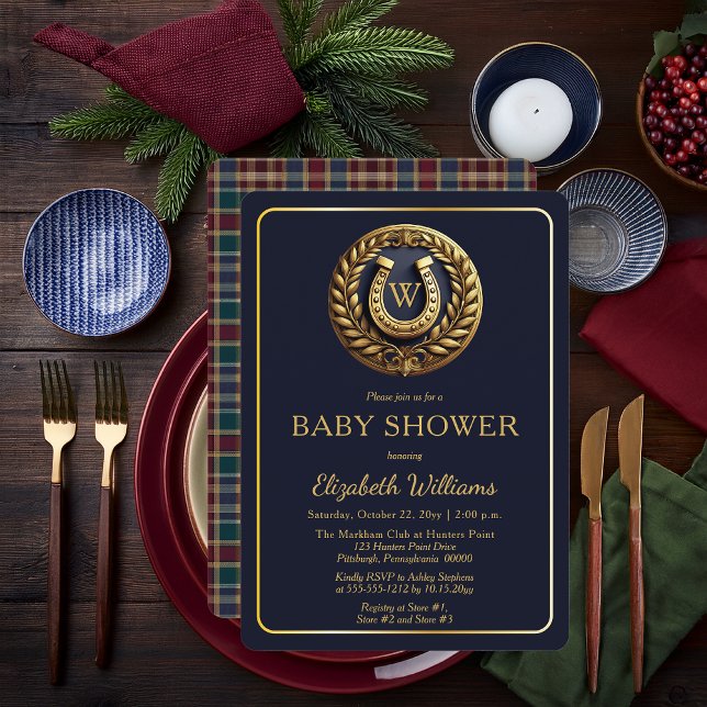 Preppy Horseshoe Play Monogram Baby Shower Inbjudningar (Equestrian Emblem Monogram Preppy Navy Blue and Plaid Boy Baby Shower Invitation - Print | Digital)