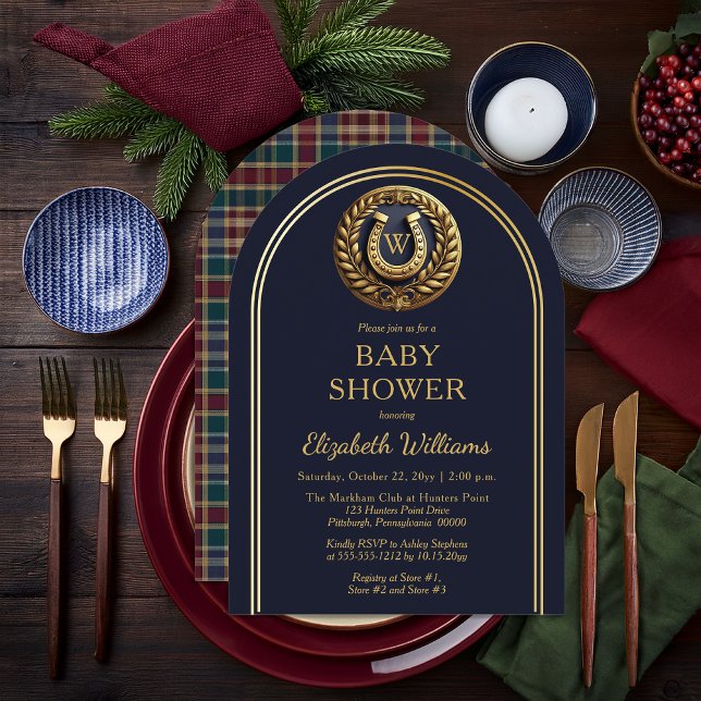 Preppy Horseshoe Play Monogram Baby Shower Inbjudningar (Equestrian Emblem Monogram Preppy Navy Blue and Plaid Boy Baby Shower Arched Invitation )
