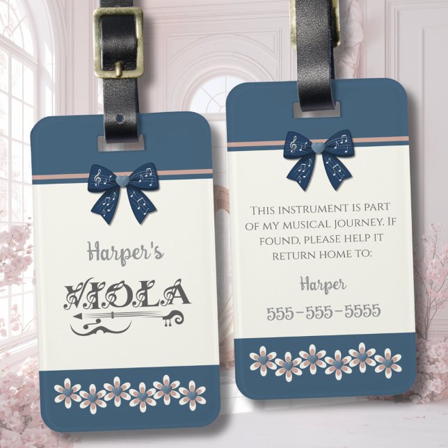 Preppy Indigo Blå Blommig Viola Instrumentfodral Bagagebricka (Preppy indigo floral viola case tag with coquette aesthetic and owner identification back.)