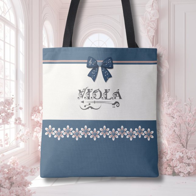 Preppy Indigo Blå Blommig Viola Orkester Handväsko Tygkasse (Preppy indigo floral viola tote bag, a stylish gift for teen girls preparing for music recitals.)