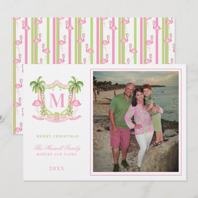 Preppy jul Flamingo Vapensköld Monogram Inbjudningar (Fram/baksida)