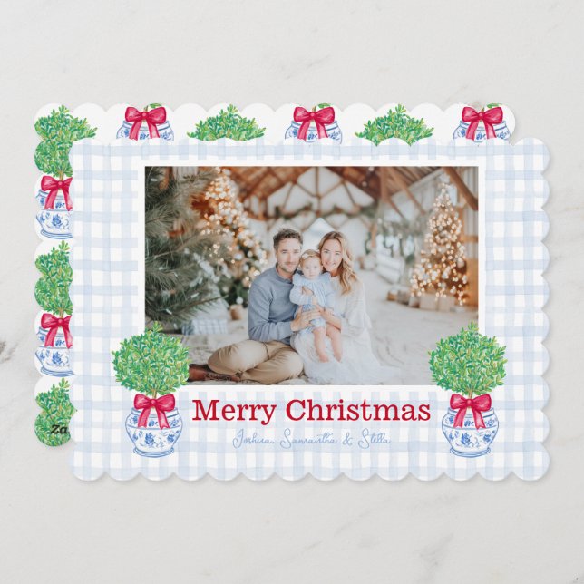 Preppy jul Topiary Chinoiserie Pot Bow Julkort (Fram/baksida)