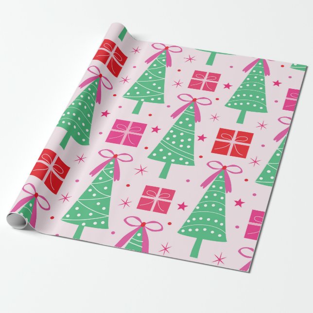 Preppy Julgranar med Rosa Bows and Gift Box Presentpapper (Utrullad)