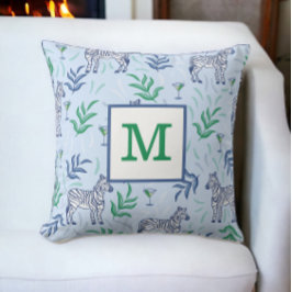 Preppy Klassiska Zebror och Martinis Blå Monogram Kudde