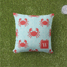 Preppy krabba grekisk nyckel röd & turkos monogram kudde