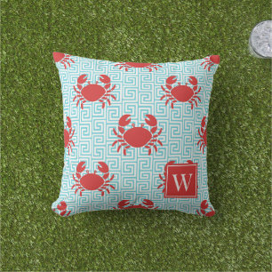 Preppy krabba grekisk nyckel röd & turkos monogram kudde