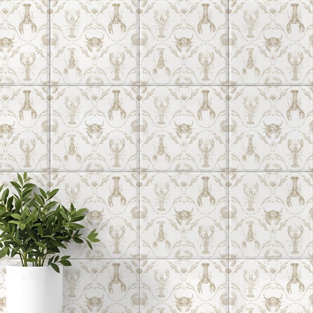 Preppy kusthummer och krabbor i sandig beige kakelplatta (Preppy Coastal Lobsters and Crabs in Sandy Beige Ceramic Tile)