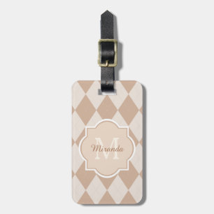 Preppy Light Brown Argyle Girly Monogram och Namn Bagagebricka