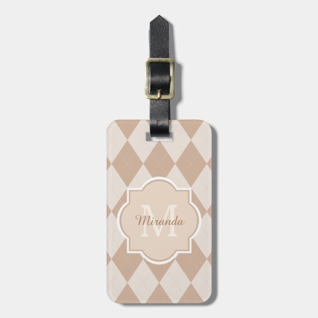 Preppy Light Brown Argyle Girly Monogram och Namn Bagagebricka (Vertikal Framsida)