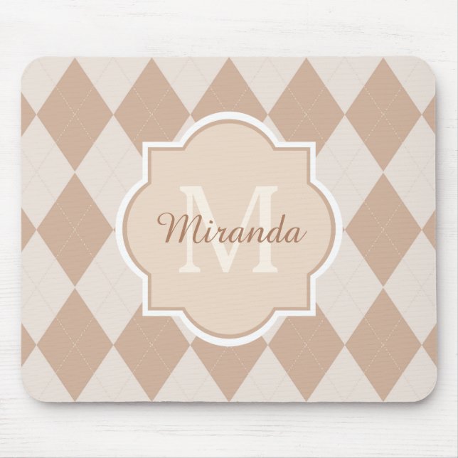 Preppy Light Brown Argyle Girly Monogram och Namn Musmatta (Framsidan)
